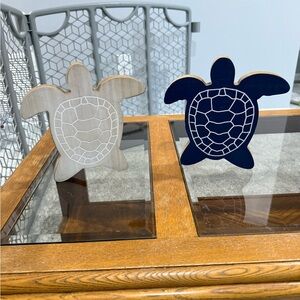 Two Turtle Wooden Carved Sea Turtle Navy & Beige  Wood Turtle Figurine